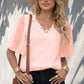 Swiss Dot Lace Trim Flutter Sleeve V-Neck Blouse