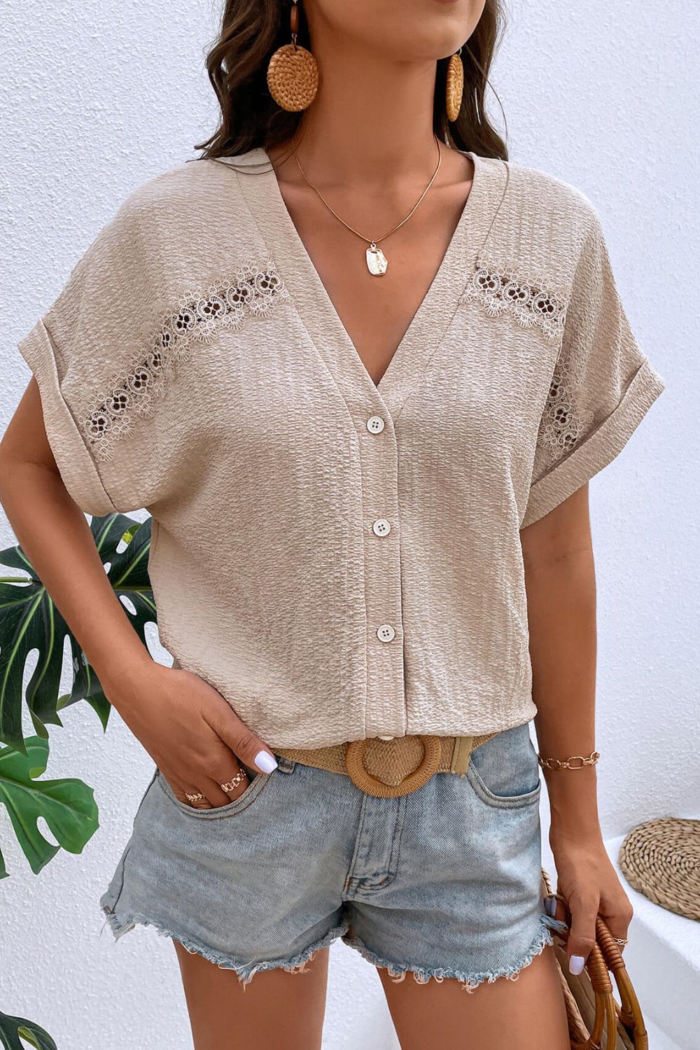 Textured Lace Trim Button Front Blouse