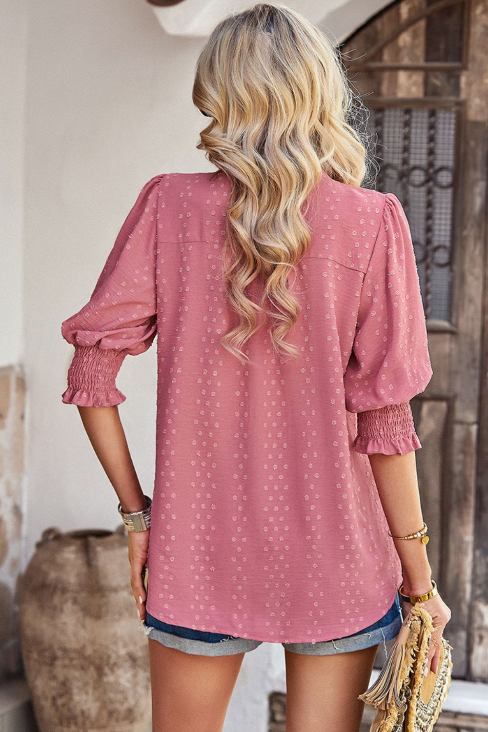 Textured Notched Neck Puff Sleeve Blouse