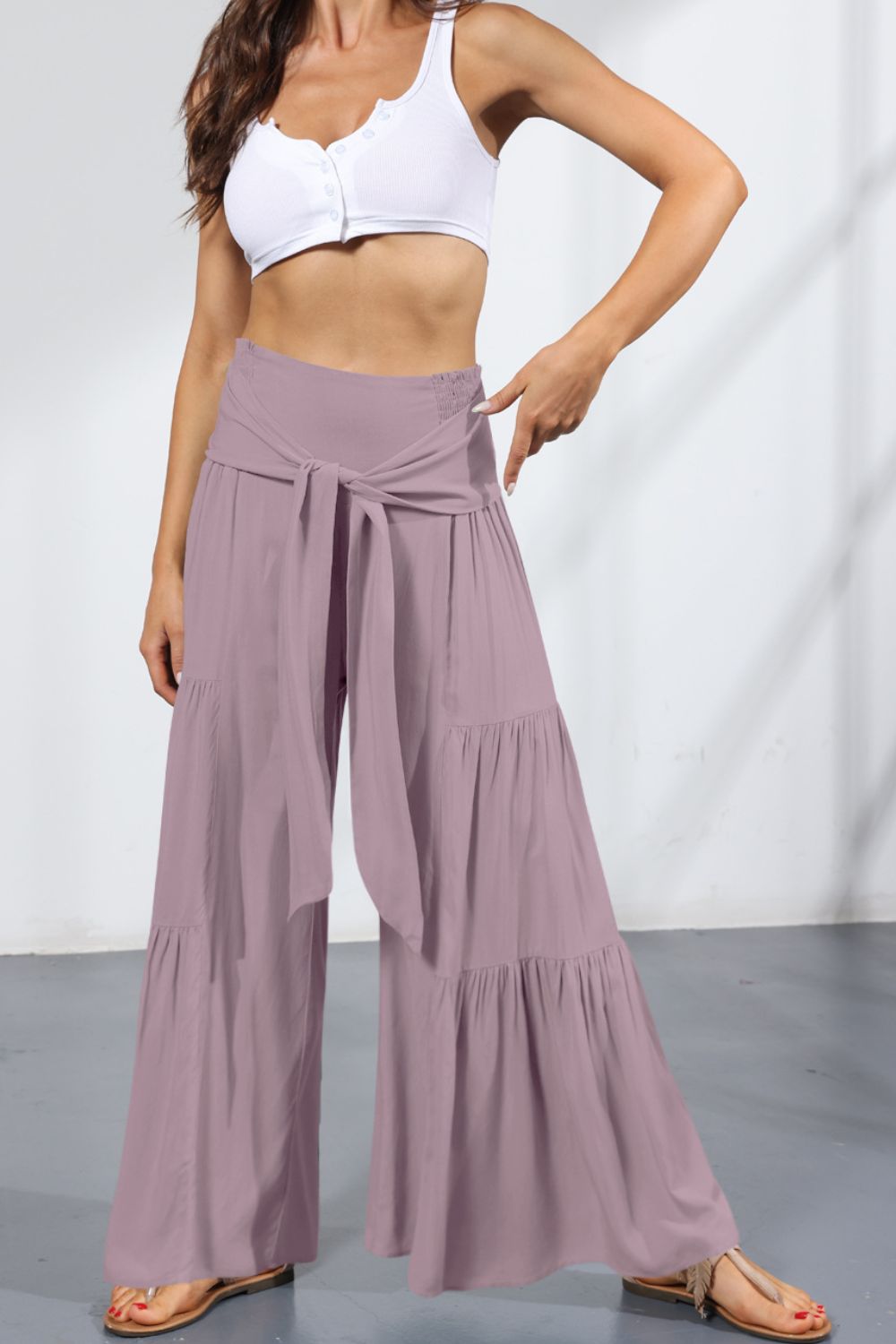 Tie Front Smocked Tiered Culottes