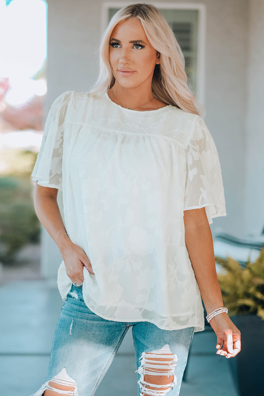 Round Neck Puff Sleeve Blouse