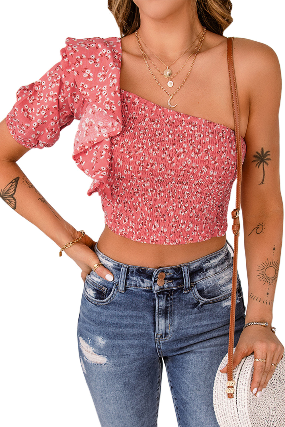 Ditsy Floral Ruffled One-Shoulder Smocked Top