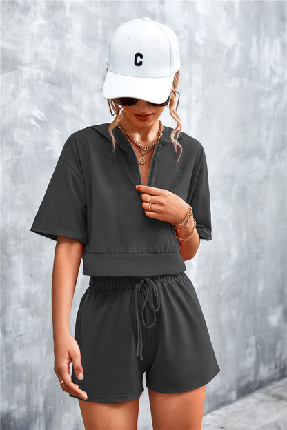 Half Zip Cropped Hooded T-Shirt and Shorts Set