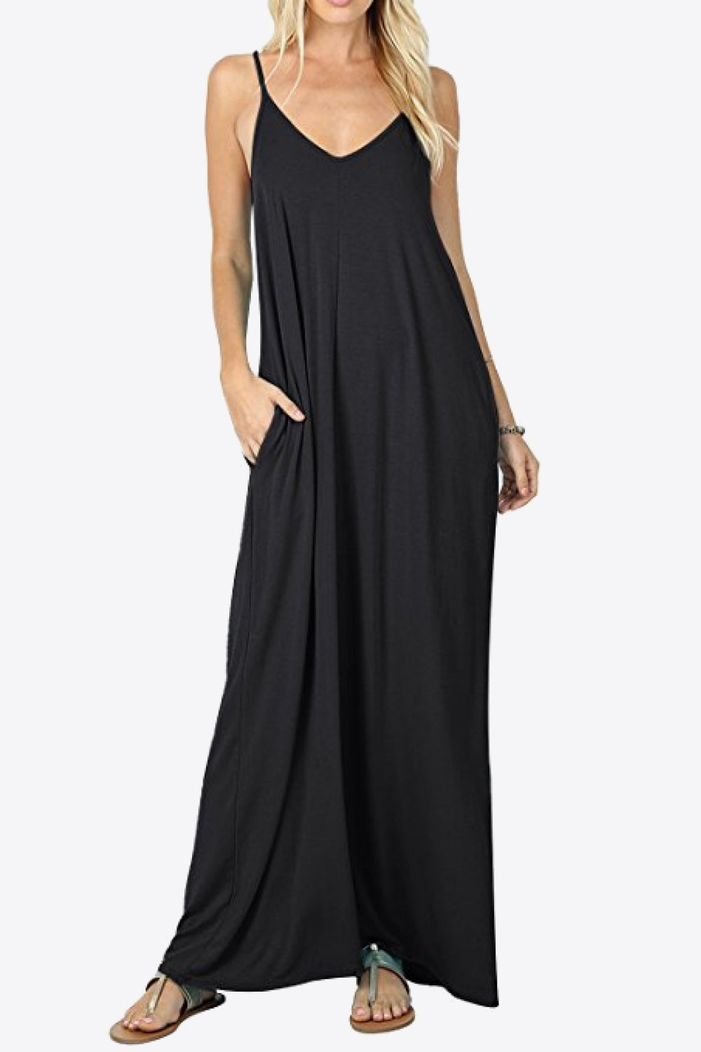 Spaghetti Strap V-Neck Pocket Maxi Dress