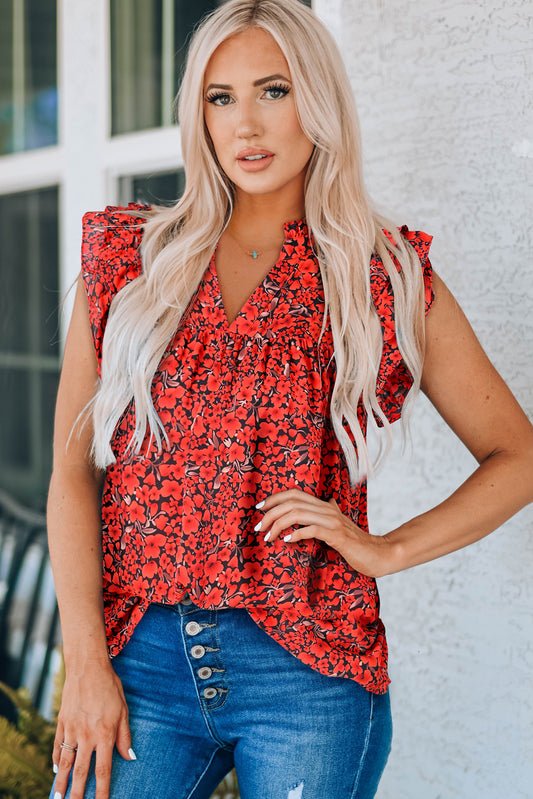 Floral Flutter Sleeve Notched Neck Blouse