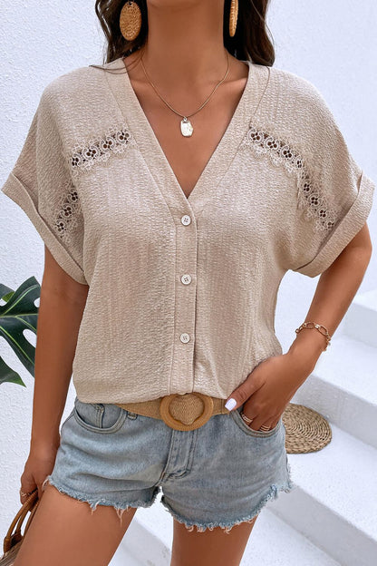 Textured Lace Trim Button Front Blouse